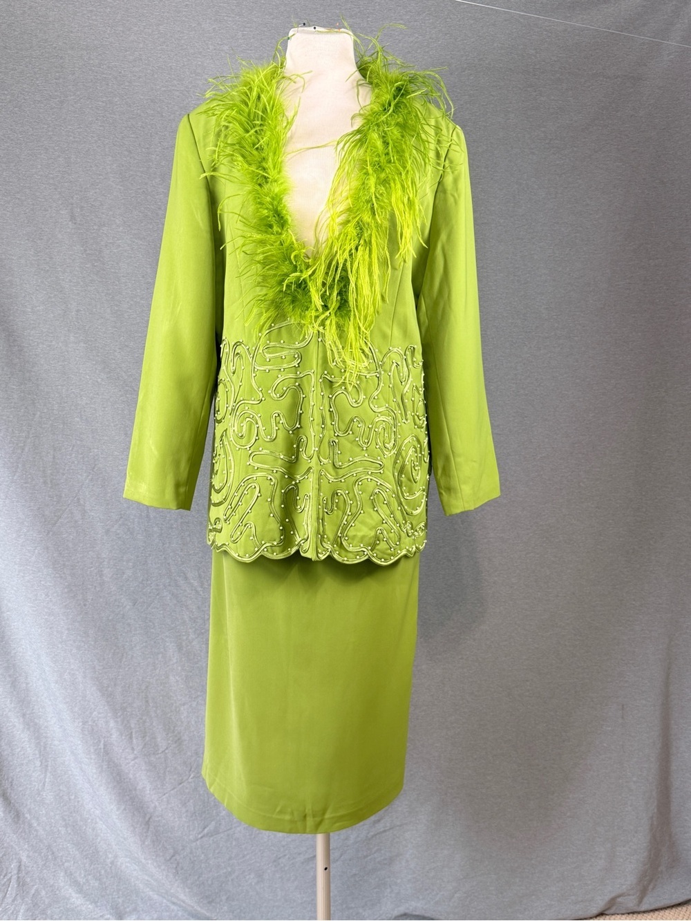 Vintage Psalm: CIV Lime Green Maximalist Skirt Set Sz 16 Faux Fur Statement Suit